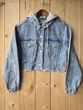 Warehouse One Grand Beach Club Hooded Boyfriend Crop Denim Jacket Medium NWT